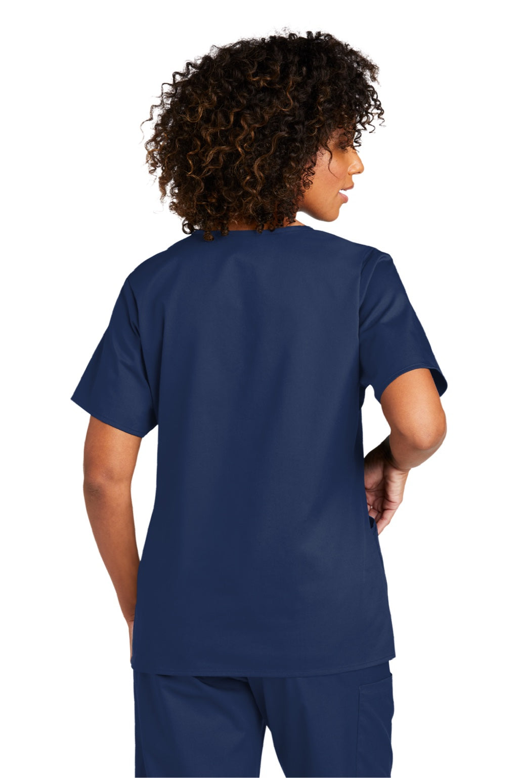 Wonderwink WW4760 Womens WorkFlex Short Sleeve V-Neck Mock Wrap Shirt w/ Pockets Navy Blue Model Back