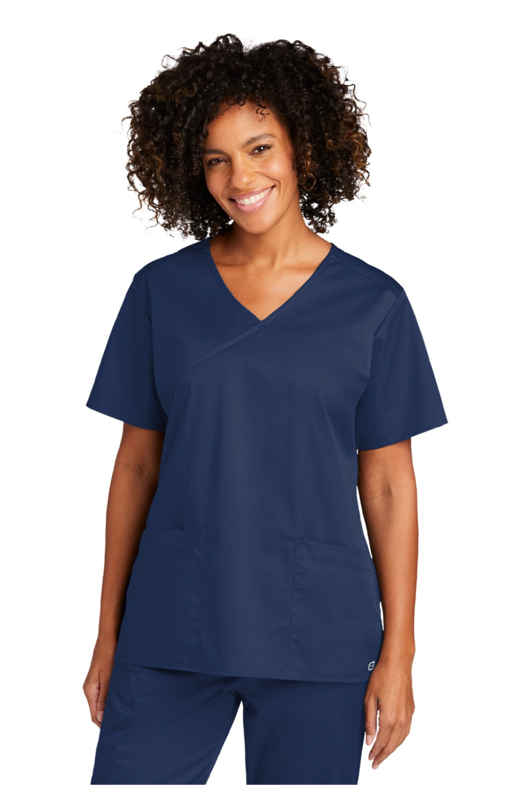 Wonderwink WW4760 Womens WorkFlex Short Sleeve V-Neck Mock Wrap Shirt w/ Pockets Navy Blue Model Front