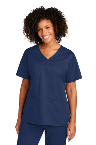 Wonderwink WW4760 Womens WorkFlex Short Sleeve V-Neck Mock Wrap Shirt w/ Pockets Navy Blue Model Front