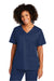Wonderwink WW4760 Womens WorkFlex Short Sleeve V-Neck Mock Wrap Shirt w/ Pockets Navy Blue Model Front