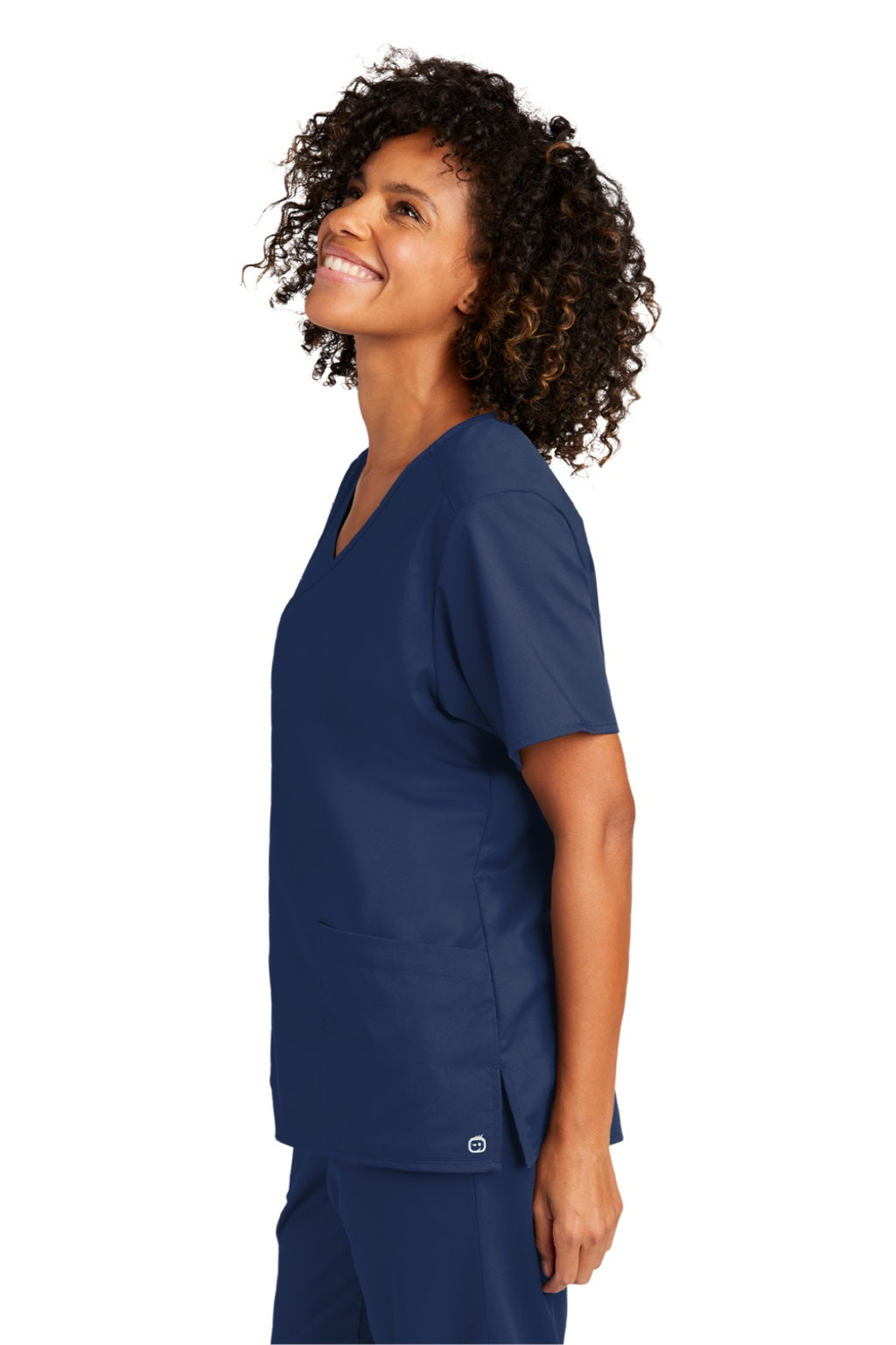 Wonderwink WW4760 Womens WorkFlex Short Sleeve V-Neck Mock Wrap Shirt w/ Pockets Navy Blue Model Side