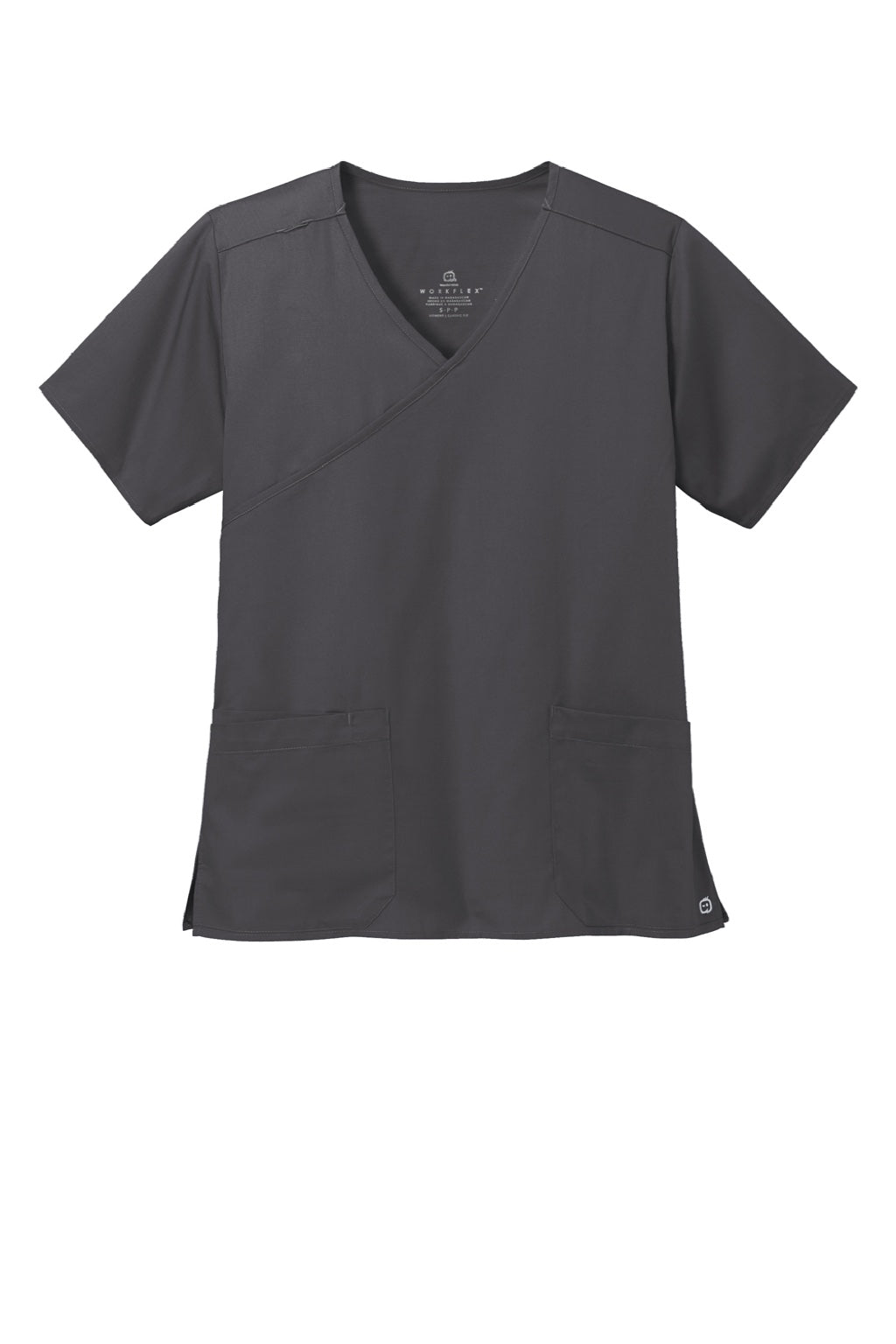 Wonderwink WW4760 Womens WorkFlex Short Sleeve V-Neck Mock Wrap Shirt w/ Pockets Pewter Grey Flat Front