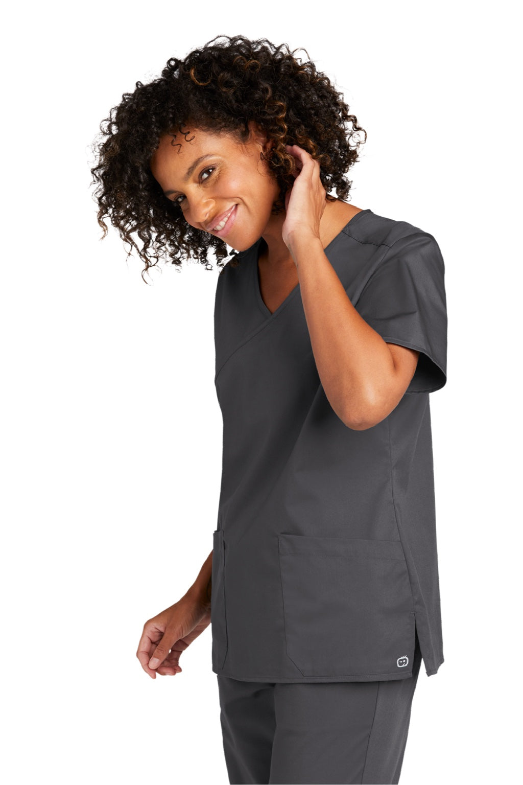 Wonderwink WW4760 Womens WorkFlex Short Sleeve V-Neck Mock Wrap Shirt w/ Pockets Pewter Grey Model 3Q