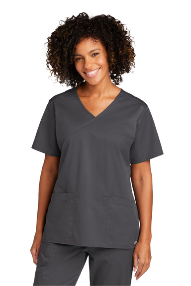 Wonderwink WW4760 Womens WorkFlex Short Sleeve V-Neck Mock Wrap Shirt w/ Pockets Pewter Grey Model Front