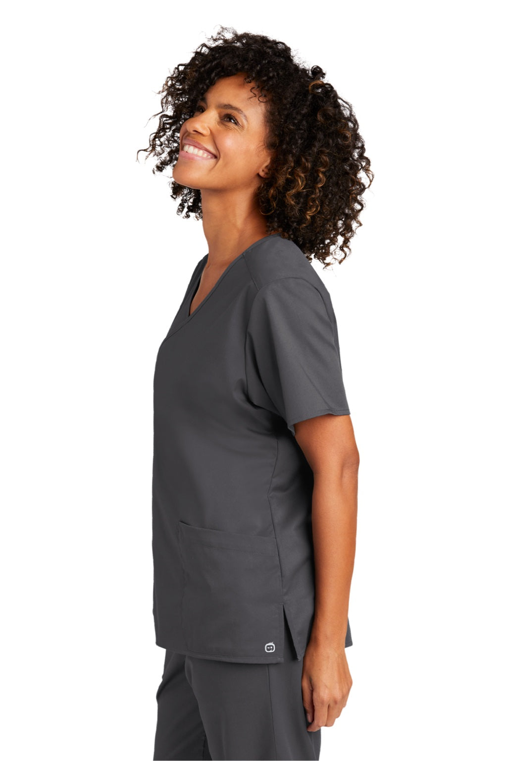 Wonderwink WW4760 Womens WorkFlex Short Sleeve V-Neck Mock Wrap Shirt w/ Pockets Pewter Grey Model Side