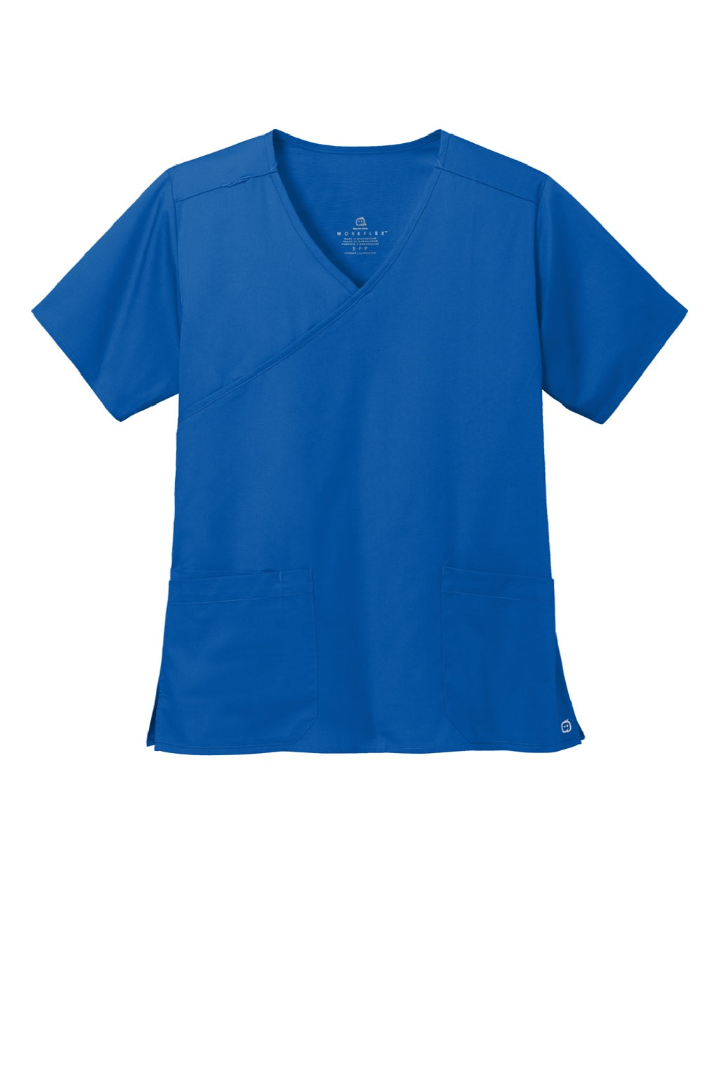 Wonderwink WW4760 Womens WorkFlex Short Sleeve V-Neck Mock Wrap Shirt w/ Pockets Royal Blue Flat Front