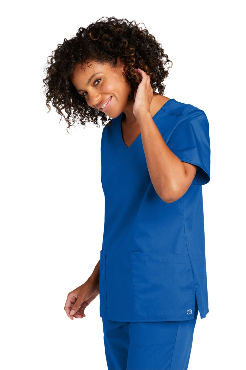 Wonderwink WW4760 Womens WorkFlex Short Sleeve V-Neck Mock Wrap Shirt w/ Pockets Royal Blue Model 3Q