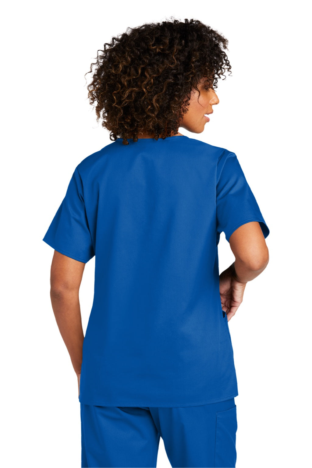 Wonderwink WW4760 Womens WorkFlex Short Sleeve V-Neck Mock Wrap Shirt w/ Pockets Royal Blue Model Back