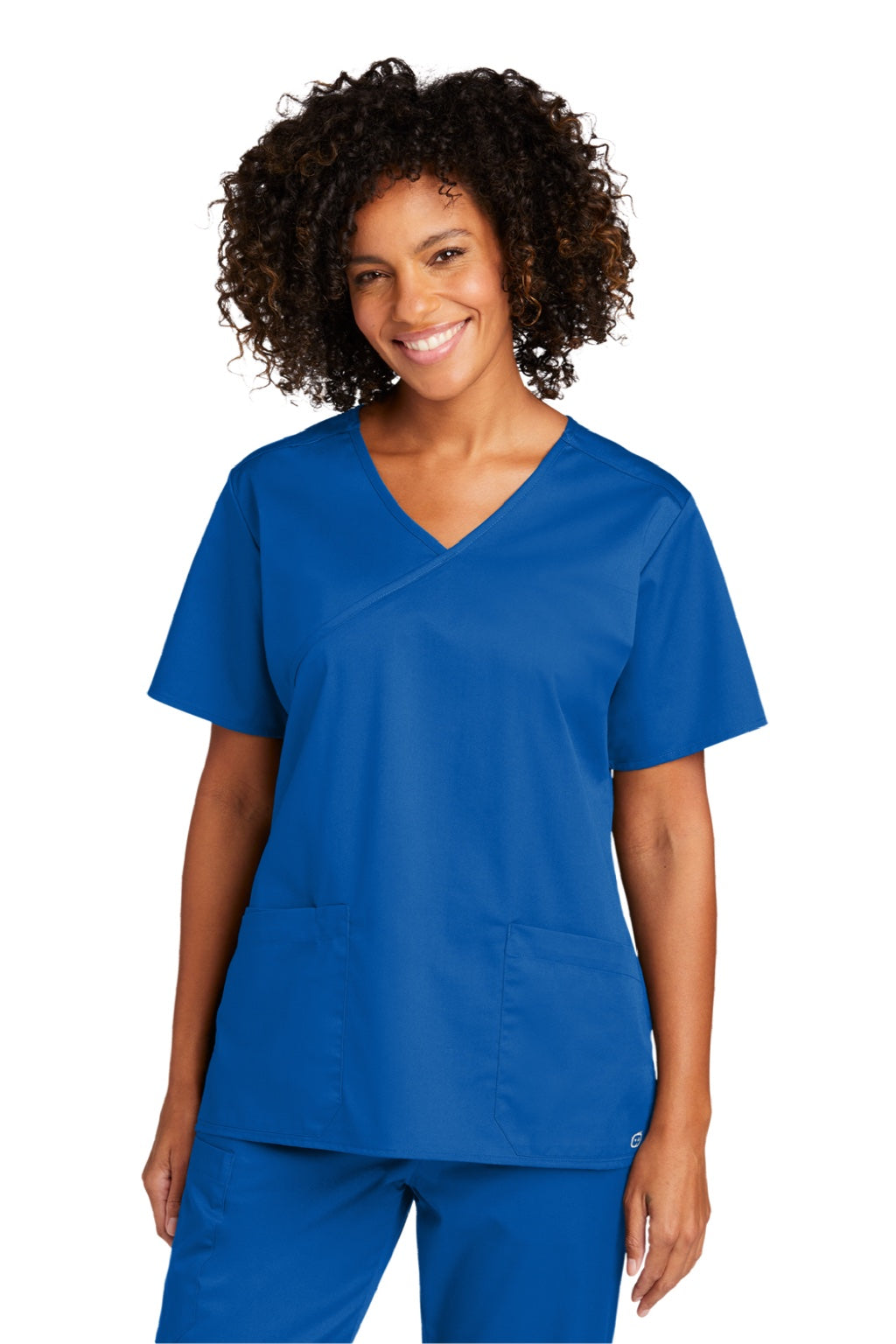 Wonderwink WW4760 Womens WorkFlex Short Sleeve V-Neck Mock Wrap Shirt w/ Pockets Royal Blue Model Front