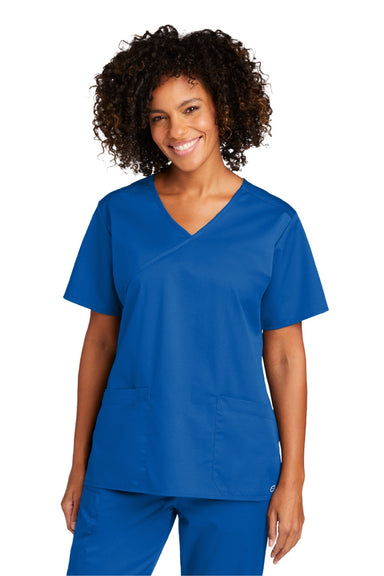 Wonderwink WW4760 Womens WorkFlex Short Sleeve V-Neck Mock Wrap Shirt w/ Pockets Royal Blue Model Front