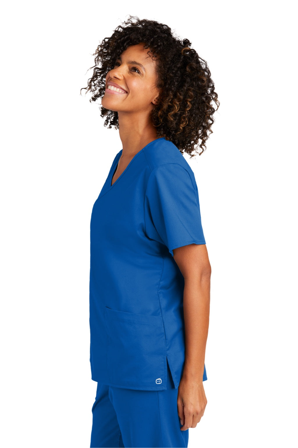 Wonderwink WW4760 Womens WorkFlex Short Sleeve V-Neck Mock Wrap Shirt w/ Pockets Royal Blue Model Side