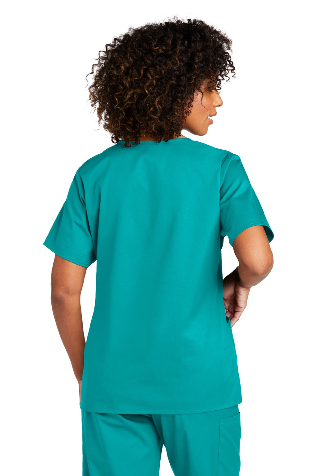 Wonderwink WW4760 Womens WorkFlex Short Sleeve V-Neck Mock Wrap Shirt w/ Pockets Teal Blue Model Back