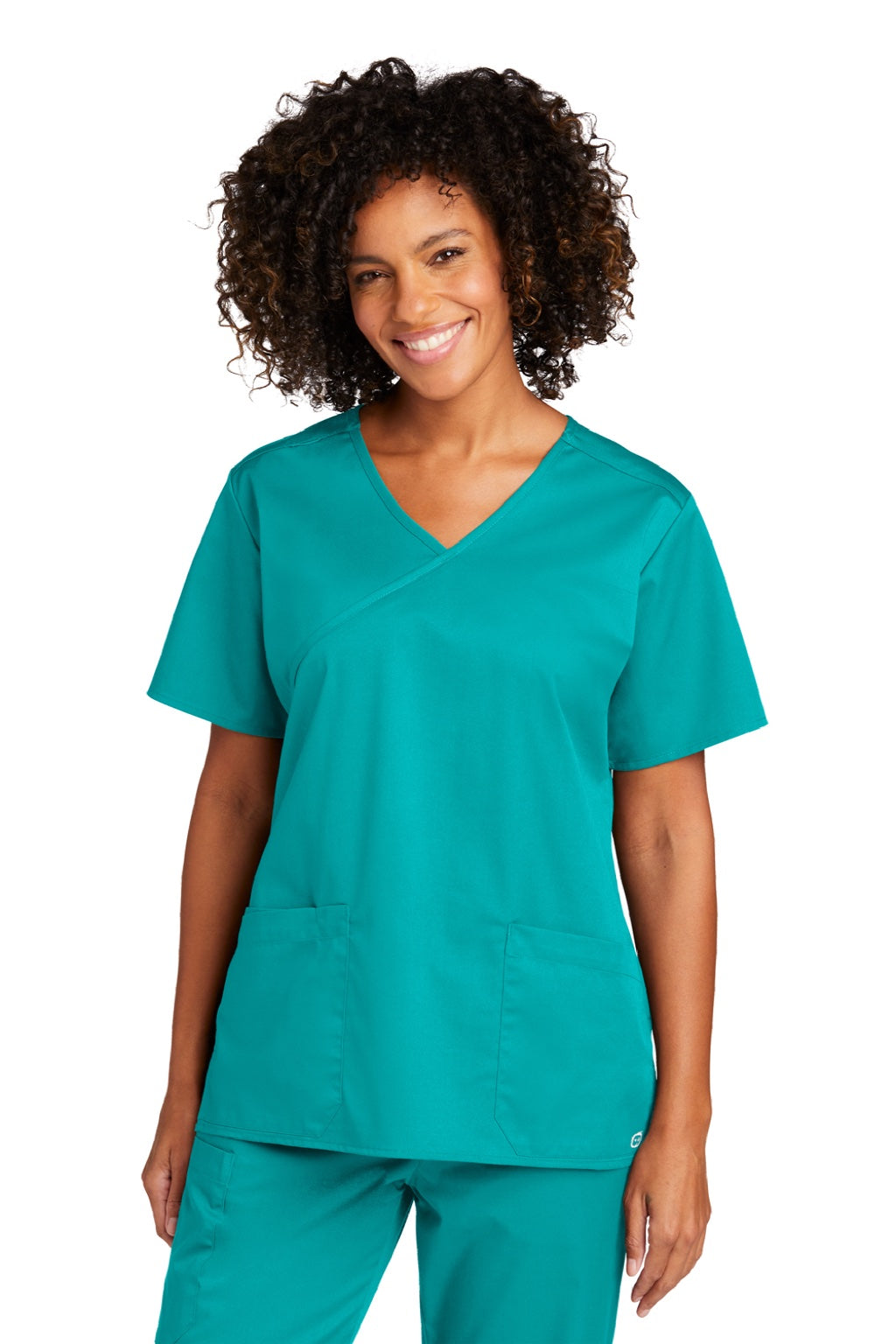 Wonderwink WW4760 Womens WorkFlex Short Sleeve V-Neck Mock Wrap Shirt w/ Pockets Teal Blue Model Front