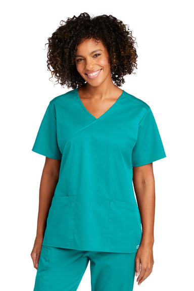 Wonderwink WW4760 Womens WorkFlex Short Sleeve V-Neck Mock Wrap Shirt w/ Pockets Teal Blue Model Front