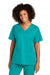 Wonderwink WW4760 Womens WorkFlex Short Sleeve V-Neck Mock Wrap Shirt w/ Pockets Teal Blue Model Front
