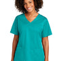 Wonderwink Womens WorkFlex Short Sleeve V-Neck Mock Wrap Shirt w/ Pockets - Teal Blue