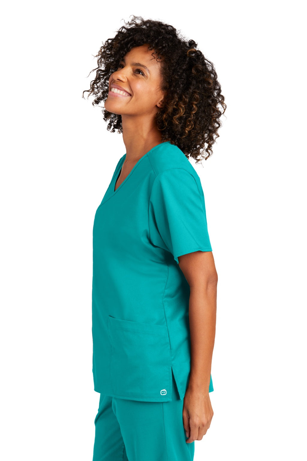 Wonderwink WW4760 Womens WorkFlex Short Sleeve V-Neck Mock Wrap Shirt w/ Pockets Teal Blue Model Side
