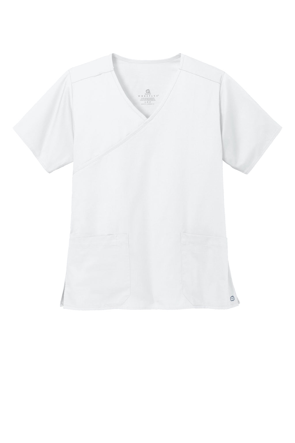 Wonderwink WW4760 Womens WorkFlex Short Sleeve V-Neck Mock Wrap Shirt w/ Pockets White Flat Front