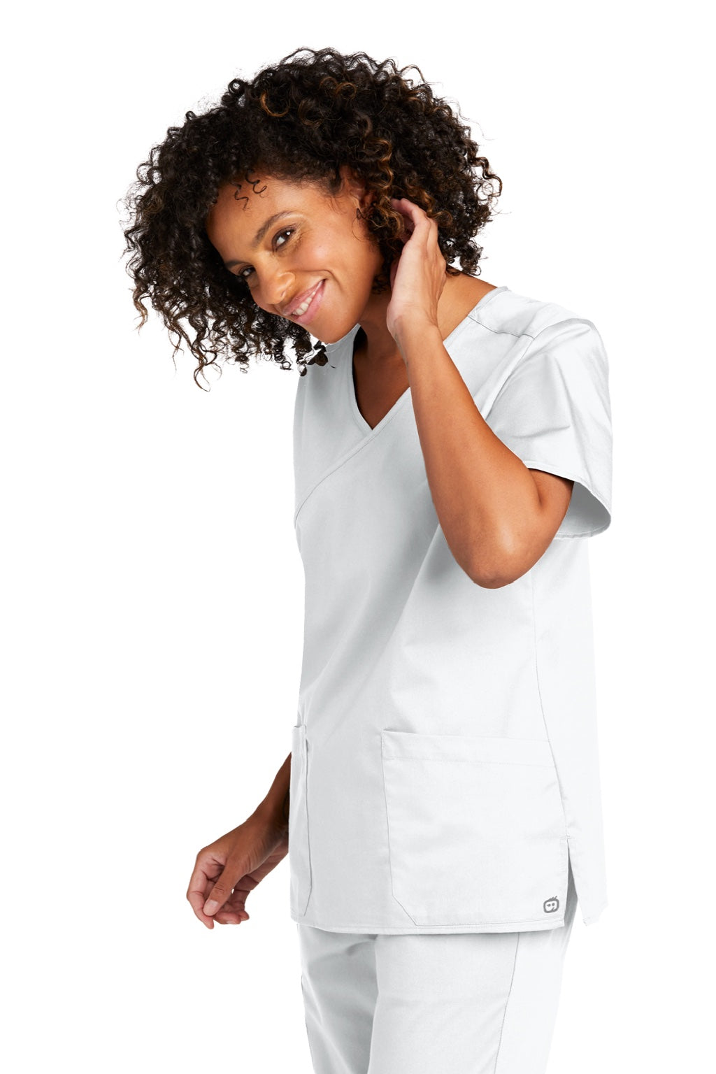Wonderwink WW4760 Womens WorkFlex Short Sleeve V-Neck Mock Wrap Shirt w/ Pockets White Model 3Q