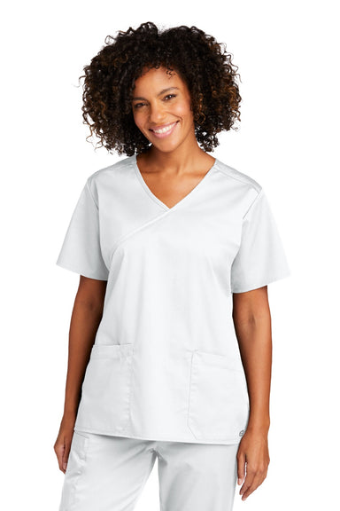Wonderwink WW4760 Womens WorkFlex Short Sleeve V-Neck Mock Wrap Shirt w/ Pockets White Model Front