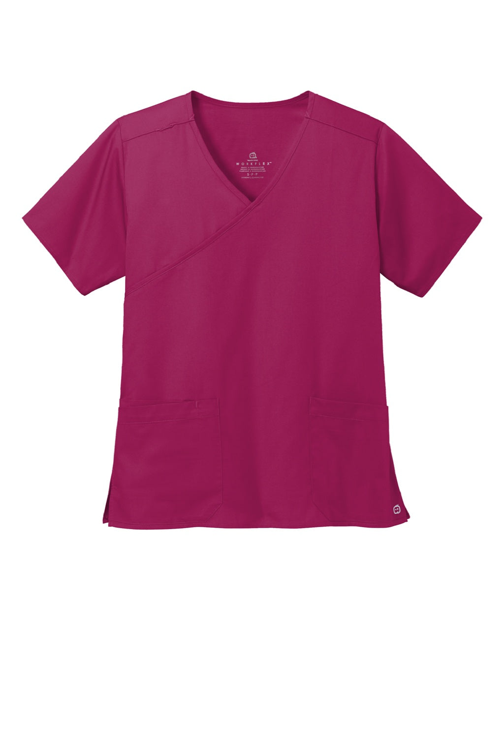 Wonderwink WW4760 Womens WorkFlex Short Sleeve V-Neck Mock Wrap Shirt w/ Pockets Wine Flat Front