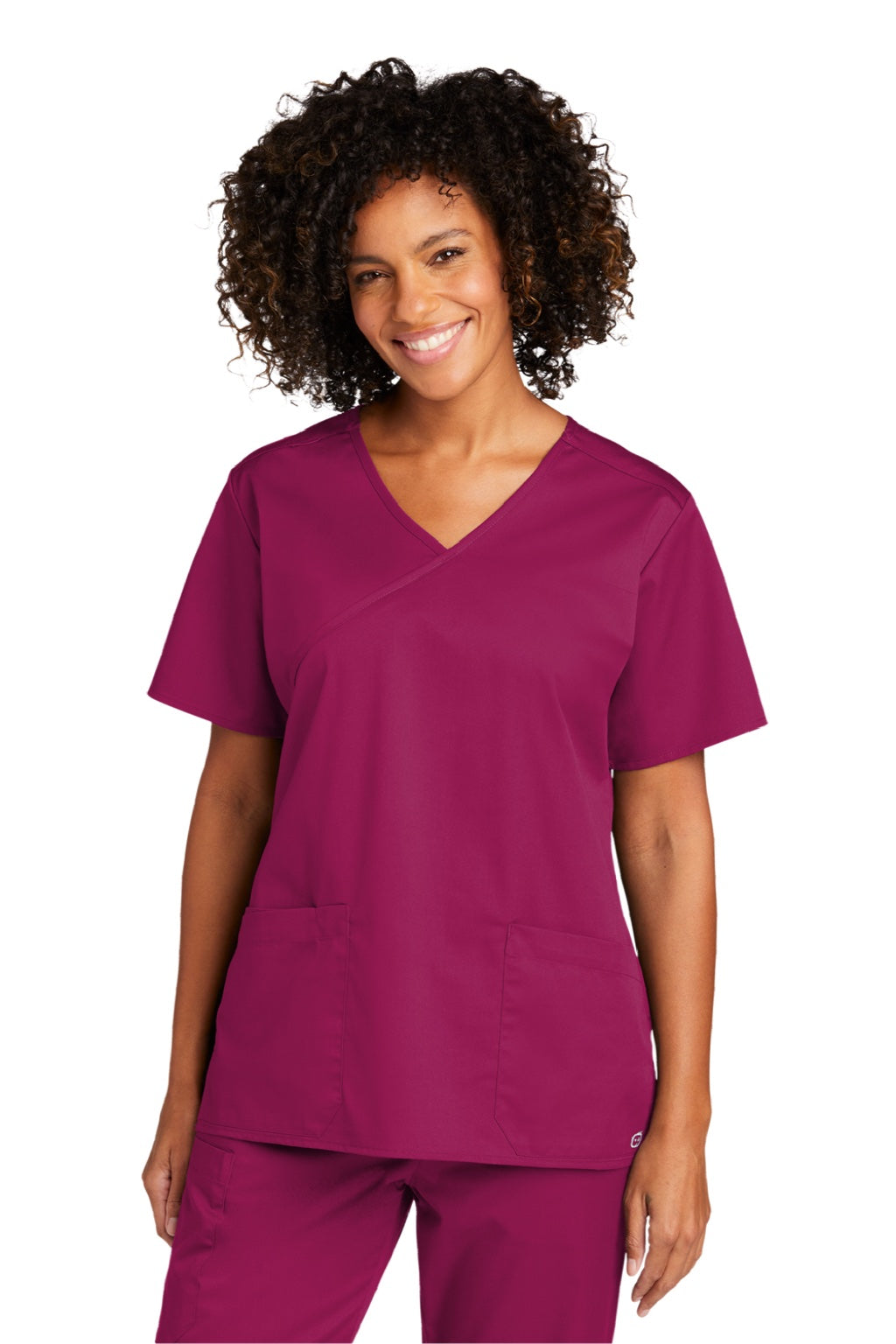 Wonderwink WW4760 Womens WorkFlex Short Sleeve V-Neck Mock Wrap Shirt w/ Pockets Wine Model Front