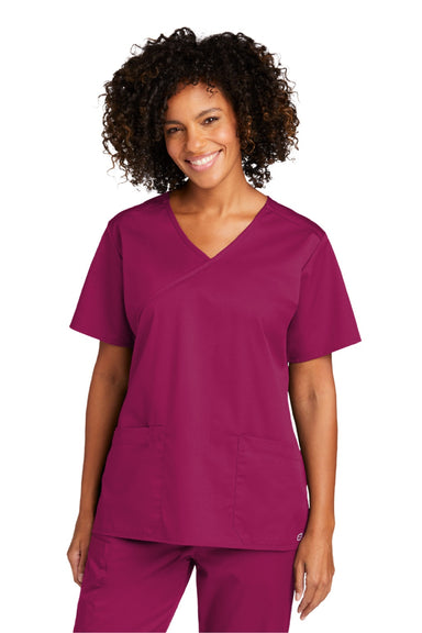 Wonderwink WW4760 Womens WorkFlex Short Sleeve V-Neck Mock Wrap Shirt w/ Pockets Wine Model Front