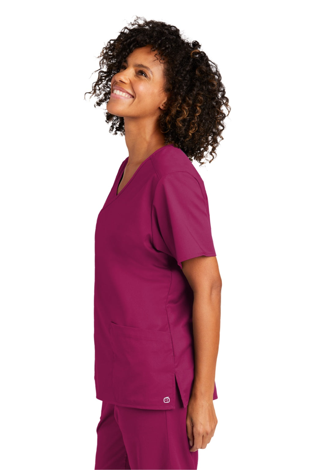 Wonderwink WW4760 Womens WorkFlex Short Sleeve V-Neck Mock Wrap Shirt w/ Pockets Wine Model Side