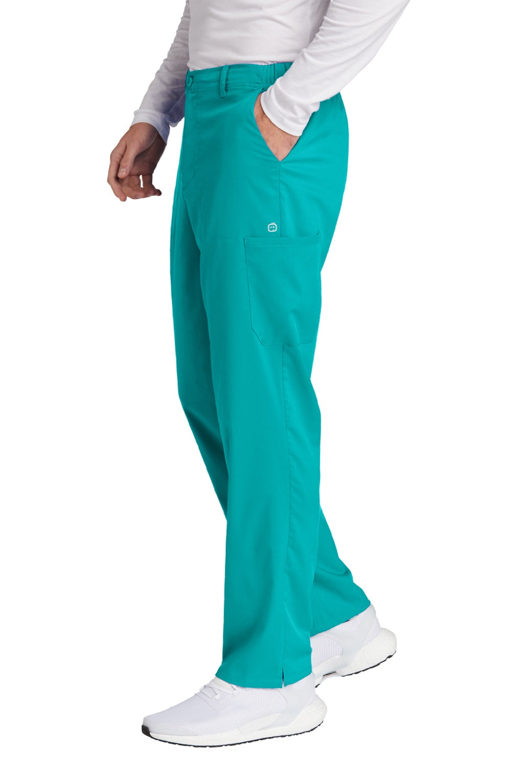 Wonderwink WW5058 Mens Premiere Flex Cargo Pants w/ Pockets Teal Blue Model Side