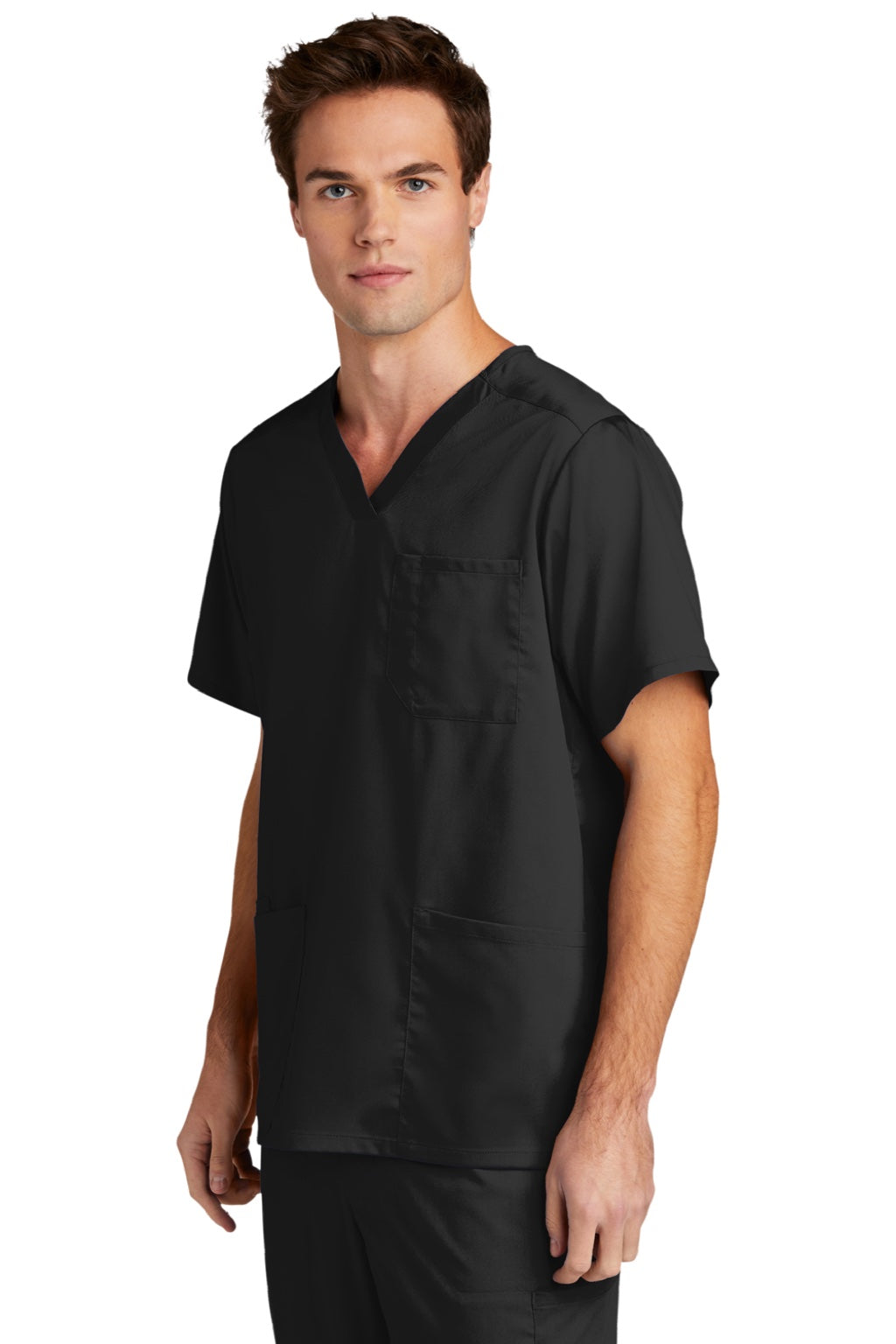 Wonderwink WW5068 Mens Premiere Flex Short Sleeve V-Neck Shirt w/ Pockets Black Model 3Q