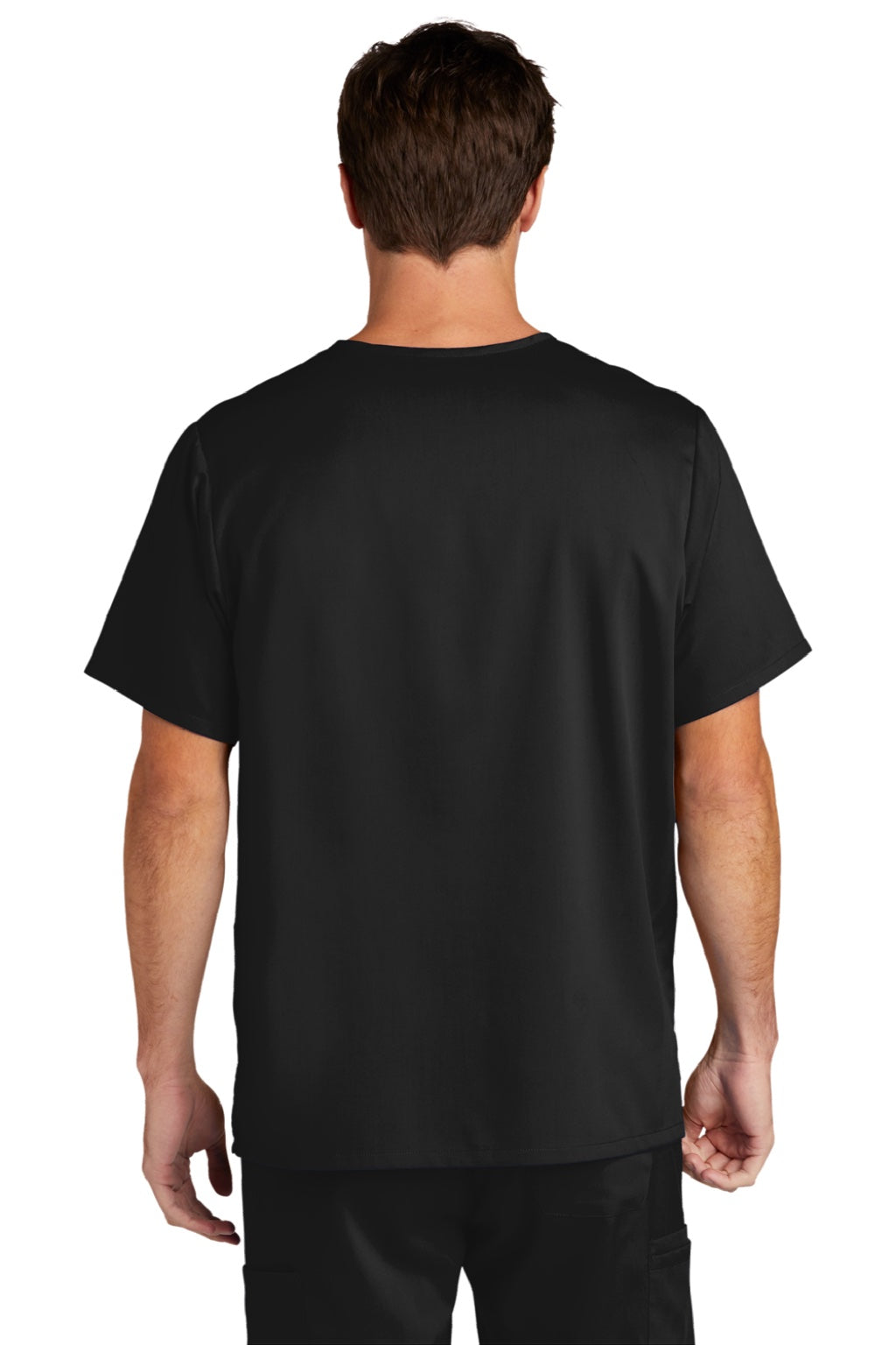 Wonderwink WW5068 Mens Premiere Flex Short Sleeve V-Neck Shirt w/ Pockets Black Model Back
