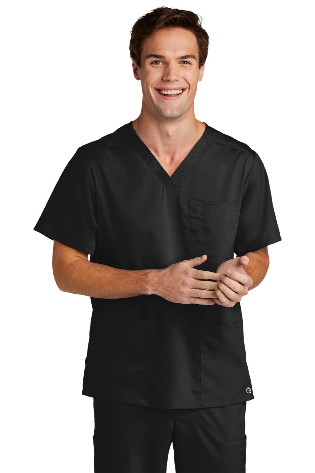 Wonderwink WW5068 Mens Premiere Flex Short Sleeve V-Neck Shirt w/ Pockets Black Model Front