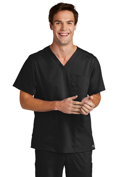 Wonderwink WW5068 Mens Premiere Flex Short Sleeve V-Neck Shirt w/ Pockets Black Model Front