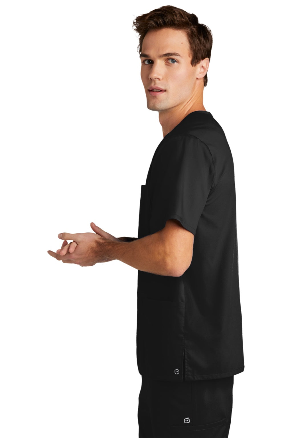 Wonderwink WW5068 Mens Premiere Flex Short Sleeve V-Neck Shirt w/ Pockets Black Model Side