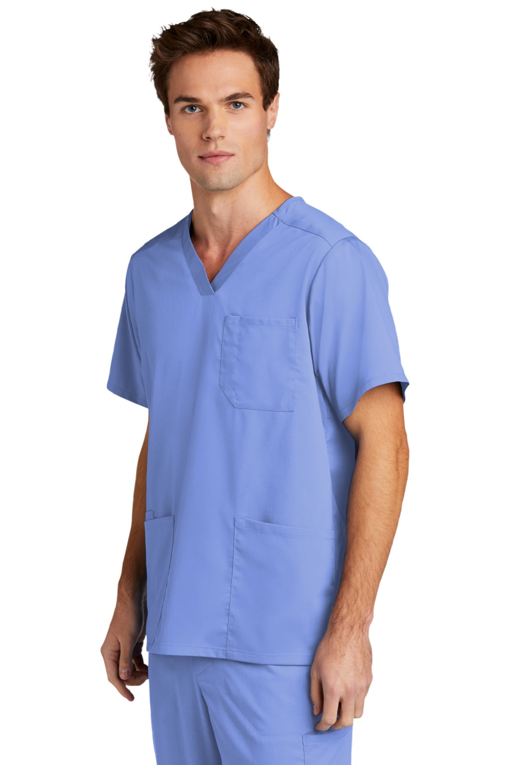 Wonderwink WW5068 Mens Premiere Flex Short Sleeve V-Neck Shirt w/ Pockets Ceil Blue Model 3Q