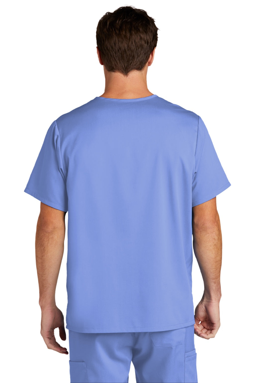 Wonderwink WW5068 Mens Premiere Flex Short Sleeve V-Neck Shirt w/ Pockets Ceil Blue Model Back