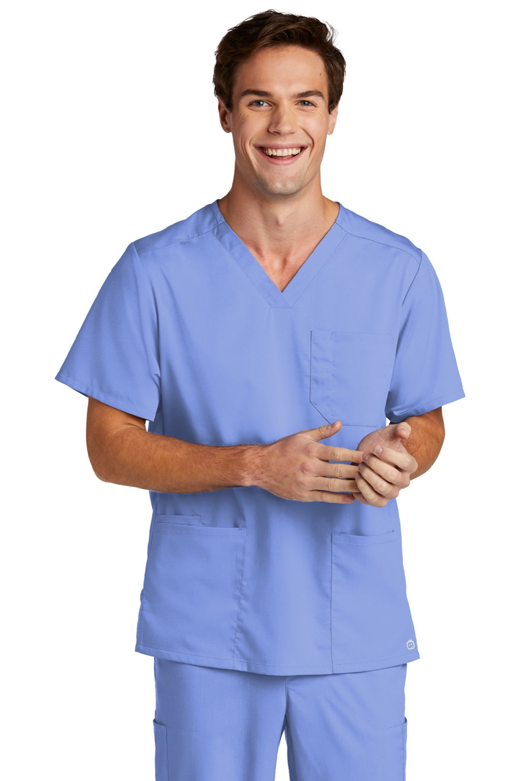 Wonderwink WW5068 Mens Premiere Flex Short Sleeve V-Neck Shirt w/ Pockets Ceil Blue Model Front