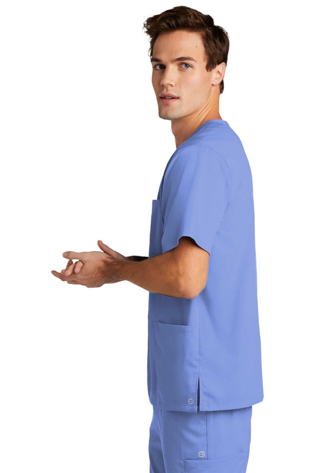 Wonderwink WW5068 Mens Premiere Flex Short Sleeve V-Neck Shirt w/ Pockets Ceil Blue Model Side