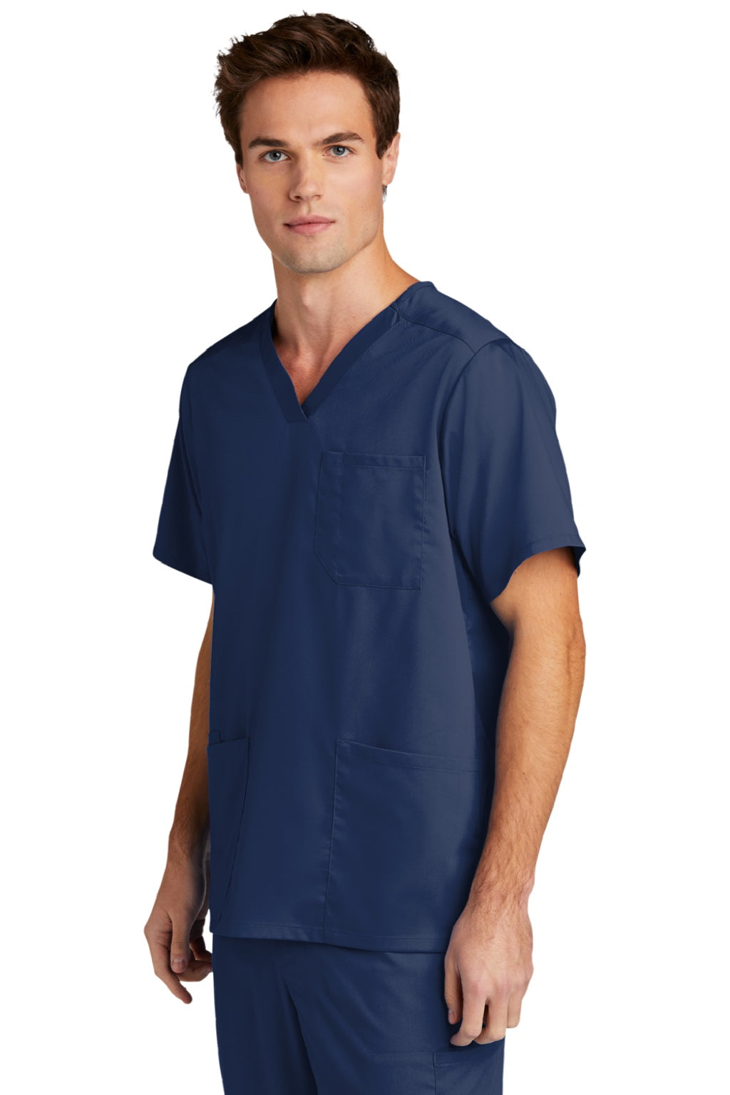 Wonderwink WW5068 Mens Premiere Flex Short Sleeve V-Neck Shirt w/ Pockets Navy Blue Model 3Q
