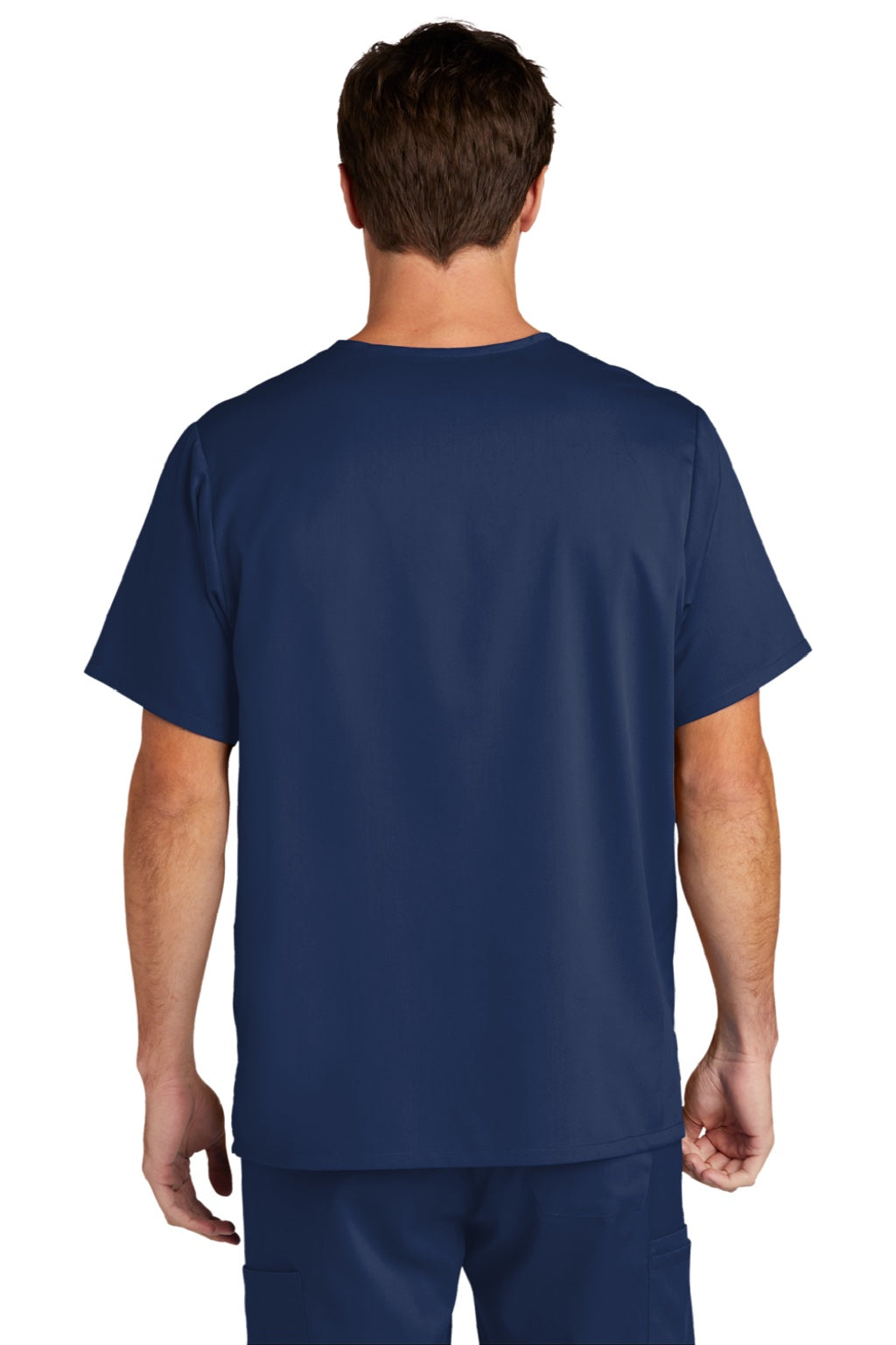 Wonderwink WW5068 Mens Premiere Flex Short Sleeve V-Neck Shirt w/ Pockets Navy Blue Model Back