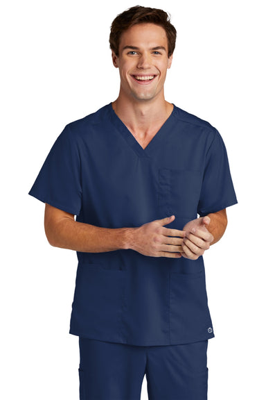 Wonderwink WW5068 Mens Premiere Flex Short Sleeve V-Neck Shirt w/ Pockets Navy Blue Model Front