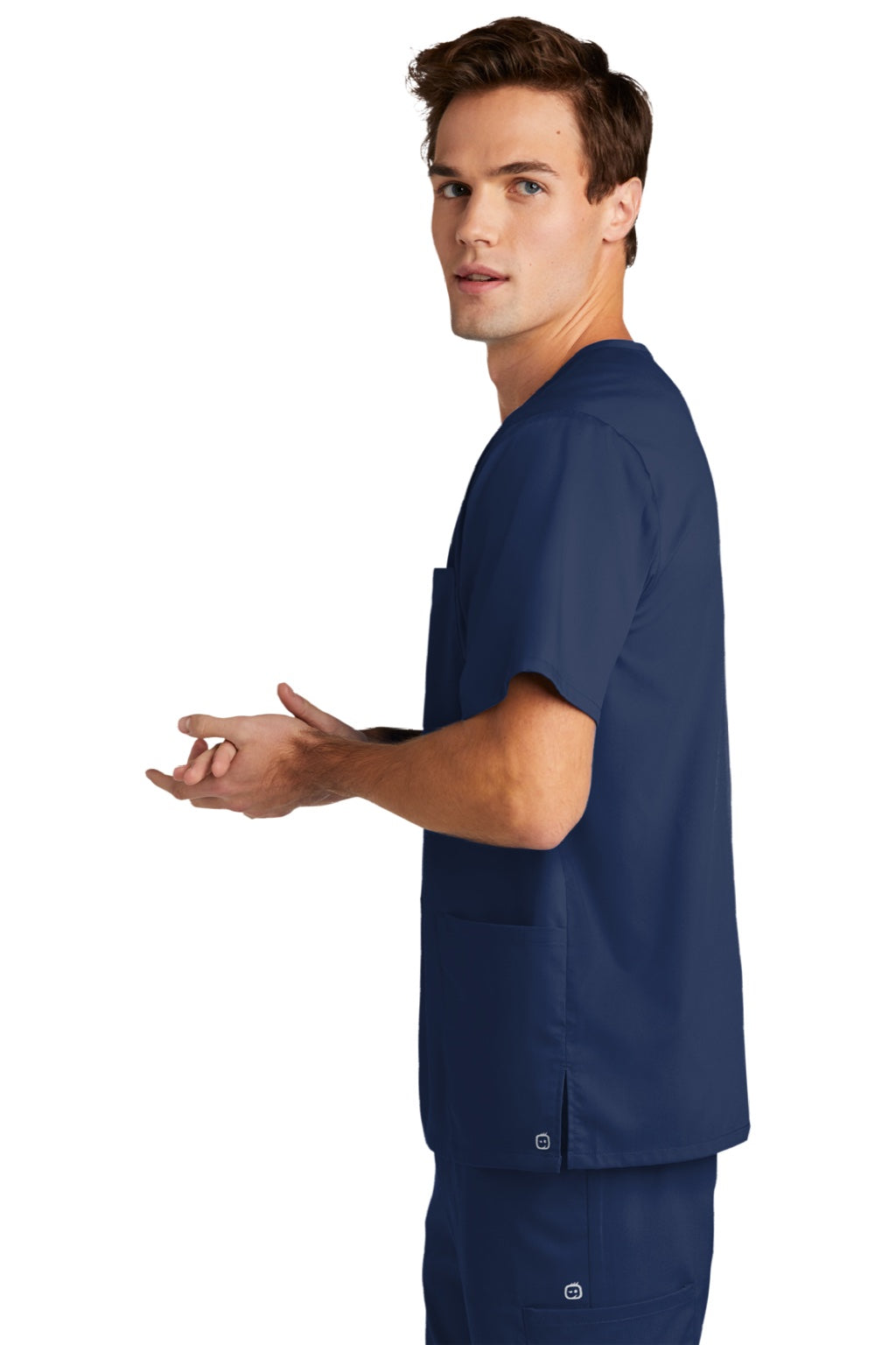 Wonderwink WW5068 Mens Premiere Flex Short Sleeve V-Neck Shirt w/ Pockets Navy Blue Model Side