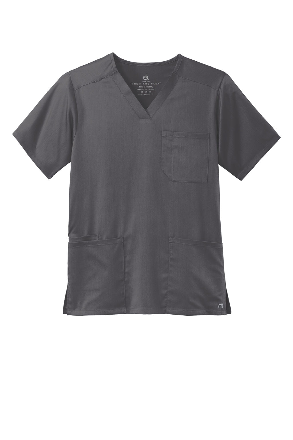 Wonderwink WW5068 Mens Premiere Flex Short Sleeve V-Neck Shirt w/ Pockets Pewter Grey Flat Front