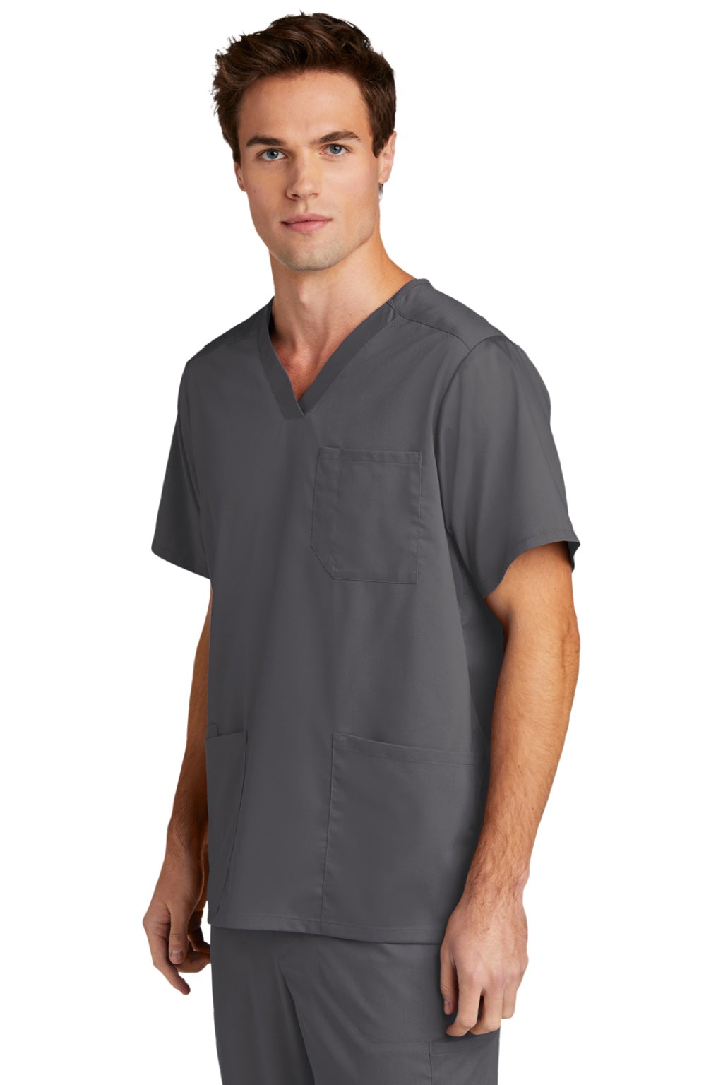 Wonderwink WW5068 Mens Premiere Flex Short Sleeve V-Neck Shirt w/ Pockets Pewter Grey Model 3Q
