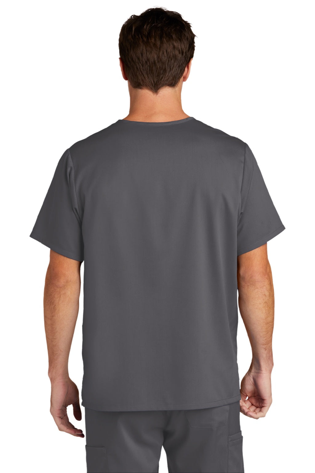 Wonderwink WW5068 Mens Premiere Flex Short Sleeve V-Neck Shirt w/ Pockets Pewter Grey Model Back