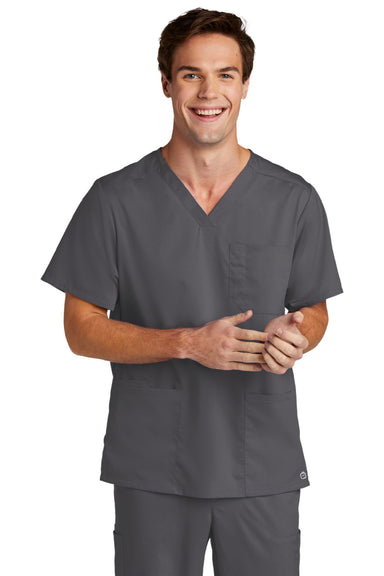 Wonderwink WW5068 Mens Premiere Flex Short Sleeve V-Neck Shirt w/ Pockets Pewter Grey Model Front