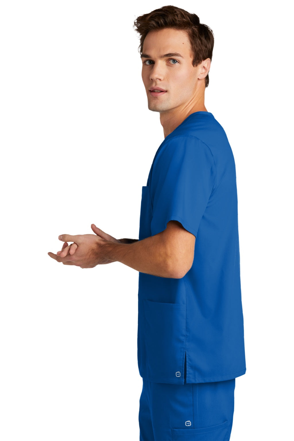 Wonderwink WW5068 Mens Premiere Flex Short Sleeve V-Neck Shirt w/ Pockets Royal Blue Model Side