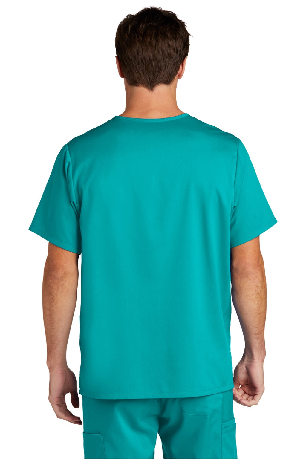 Wonderwink WW5068 Mens Premiere Flex Short Sleeve V-Neck Shirt w/ Pockets Teal Blue Model Back