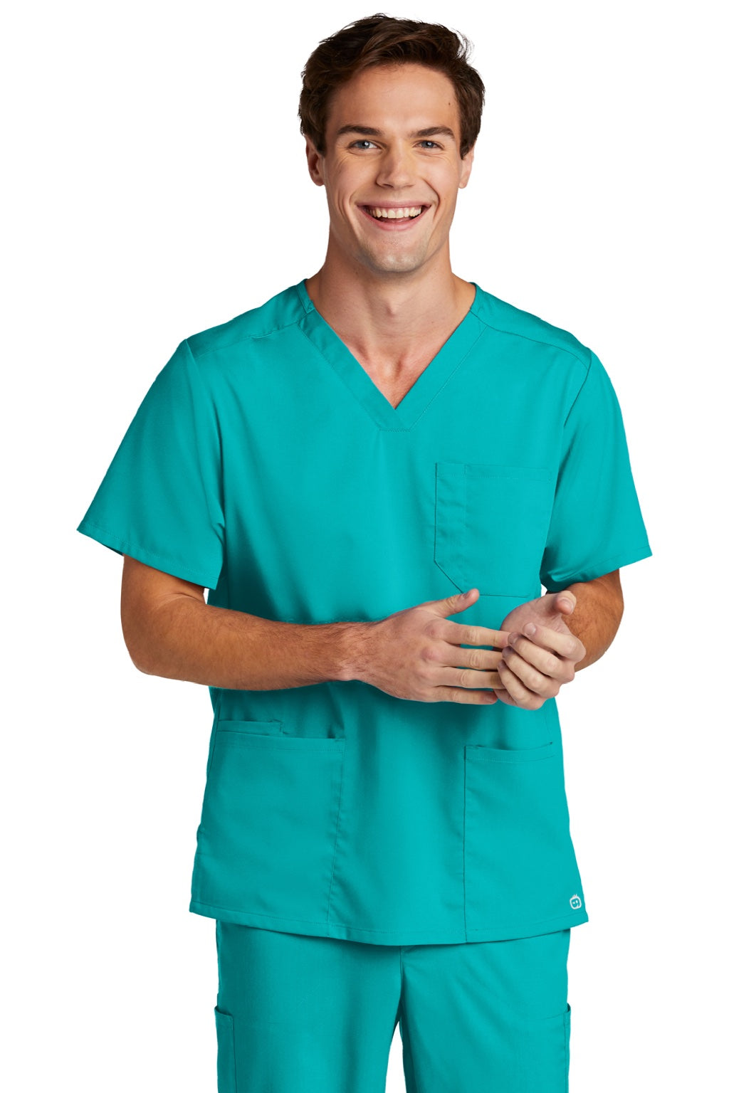 Wonderwink WW5068 Mens Premiere Flex Short Sleeve V-Neck Shirt w/ Pockets Teal Blue Model Front