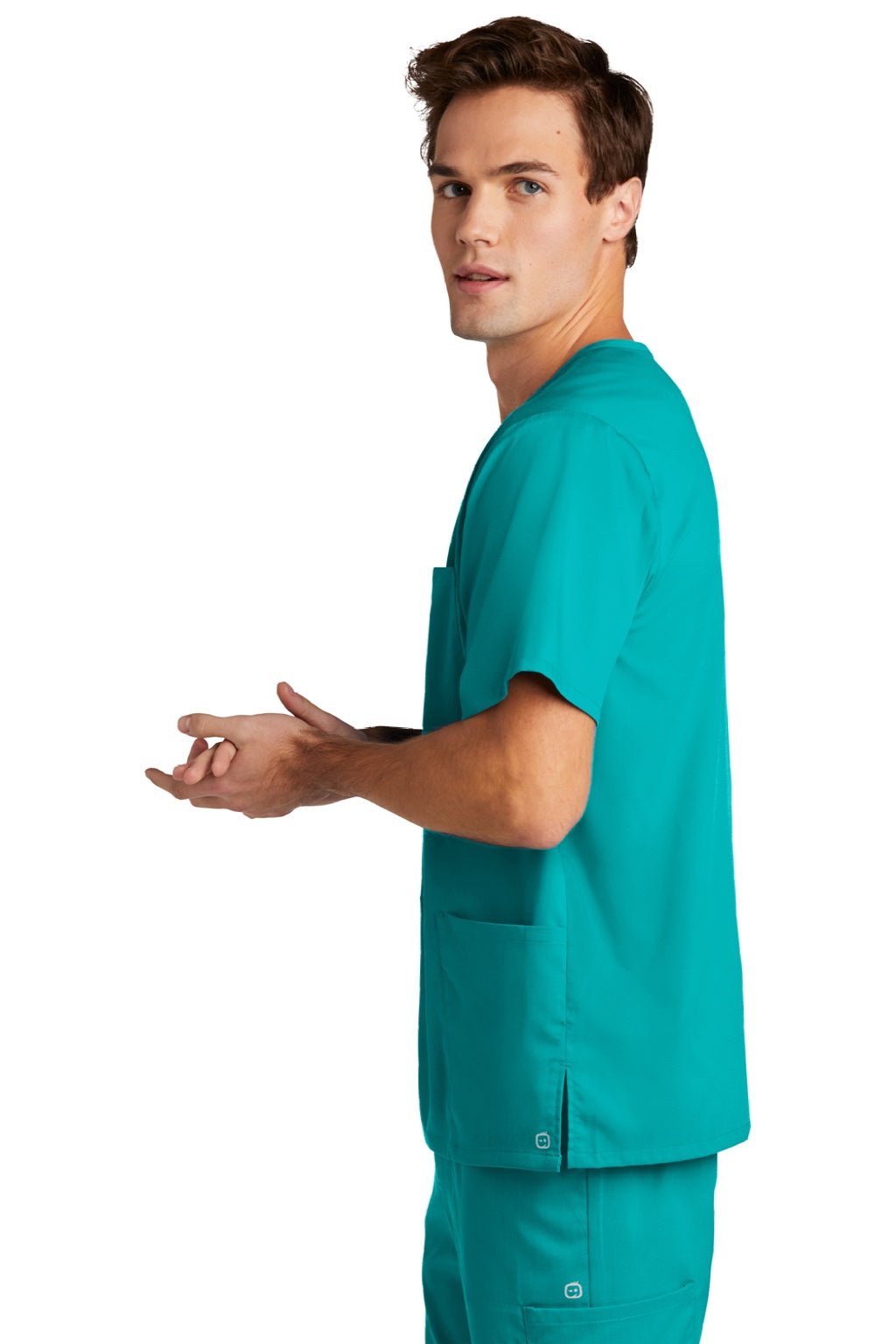 Wonderwink WW5068 Mens Premiere Flex Short Sleeve V-Neck Shirt w/ Pockets Teal Blue Model Side